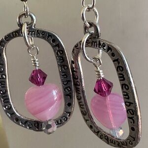 Silver 'Remember' Pink Heart and Purple Crystal Earrings